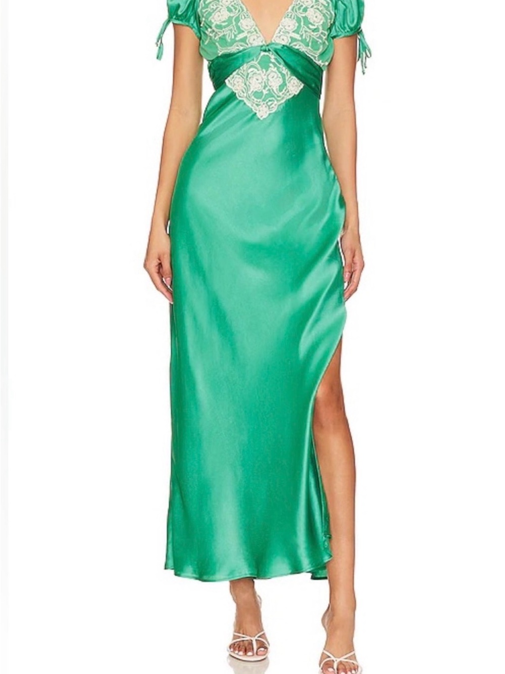 Free People Green Satin Lace-Trim Slip Dress